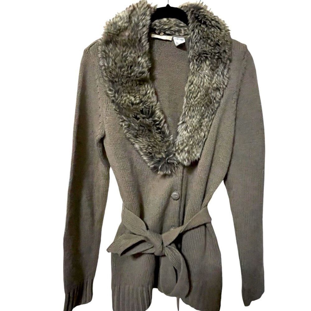 VINTAGE LA REDOUTE Cardigan Faux Fur Collar Brown Wool Blend Belted Y2K XS